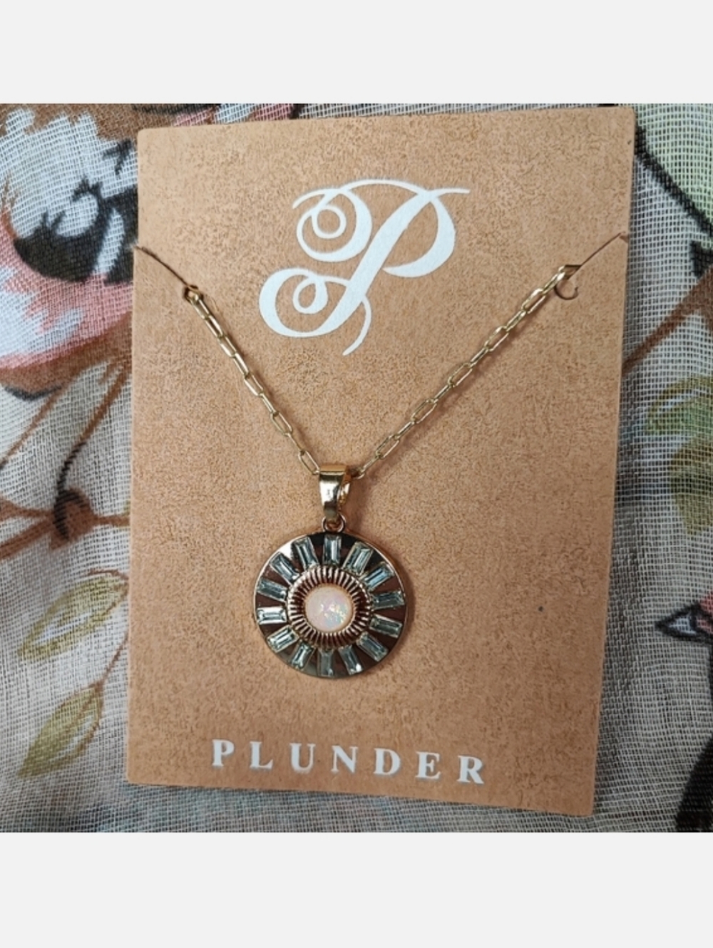Faux Plunder Brand Faux Opal Baguette Rhinestone Gold Tone Necklace Pendant NEW